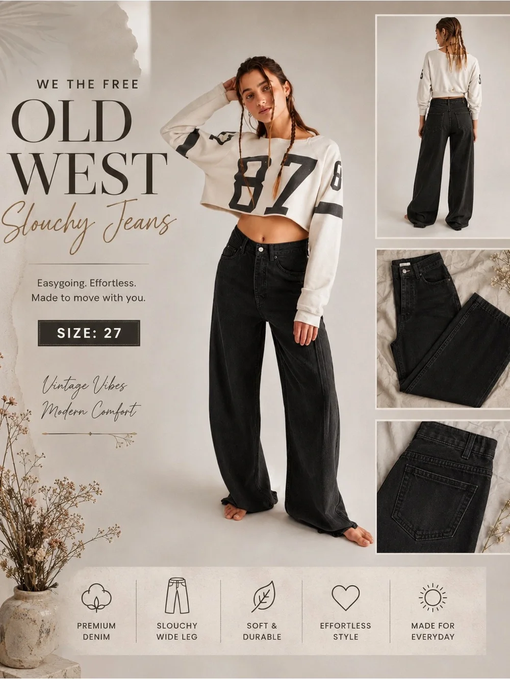 Free People Old West Slouchy Wide Leg Jeans - Black